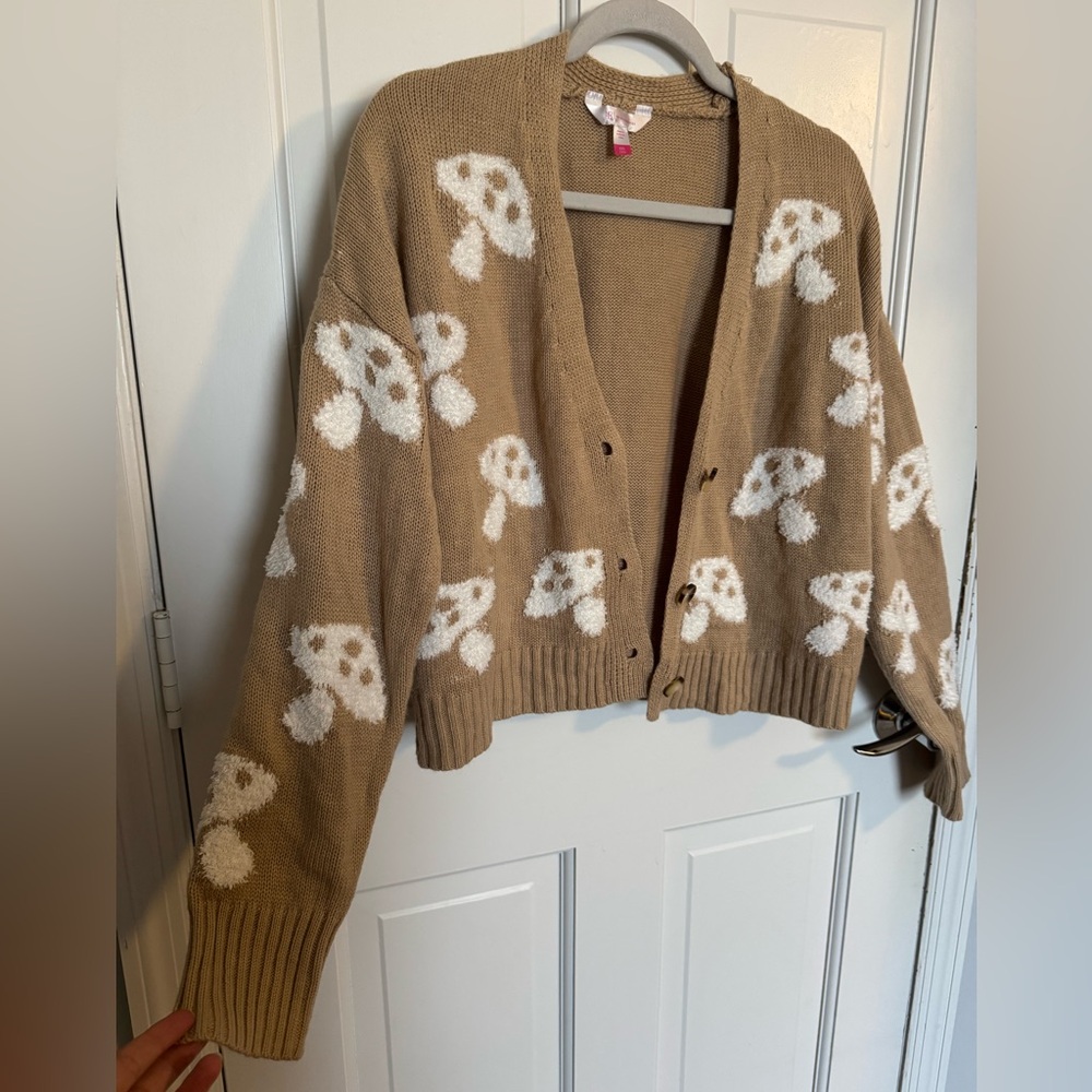 No Boundaries Cardigan with White Mushroom Pattern